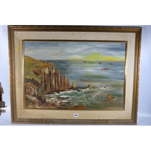 417 - Manner of D A KERR (Scottish Contemporary), a view from the cliffs, oil on board, unsigned, 45cm x 6... 