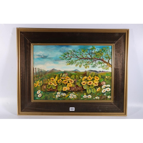 419 - PATON, marigold bed in a highland landscape, oil on board, signed and dated 1977 lower right, 34cm x... 