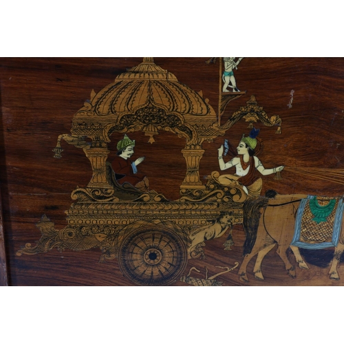 421 - INDIAN SCHOOL, horses pulling carriage, marquetry and penwork panel, 41cm x 71cm.