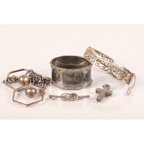 63 - Hallmarked silver napkin ring; together with assorted white metal and silver jewellery