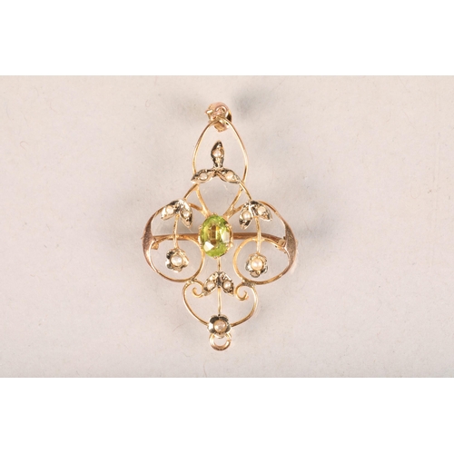 99 - 9 carat yellow gold seed pearl and peridot set brooch / pendant; 2.9g gross weight