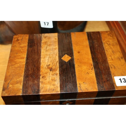 13 - Rosewood and Birdseye maple hinge top box, 26cm wide, and an abalone inlaid shaped lacquered hinge t... 