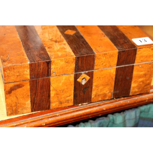 13 - Rosewood and Birdseye maple hinge top box, 26cm wide, and an abalone inlaid shaped lacquered hinge t... 