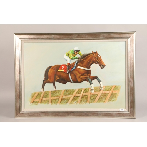 356 - Unsigned (20th century); Jockey jumping the Fence; oil on canvas; framed; 58cm x 88cm (73cm x 106cm)