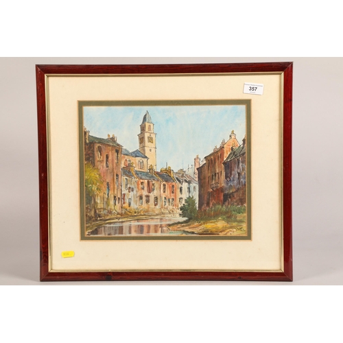 357 - John Houston; River winding through the town; watercolour on paper; signed and framed; 27cm x 33cm (... 