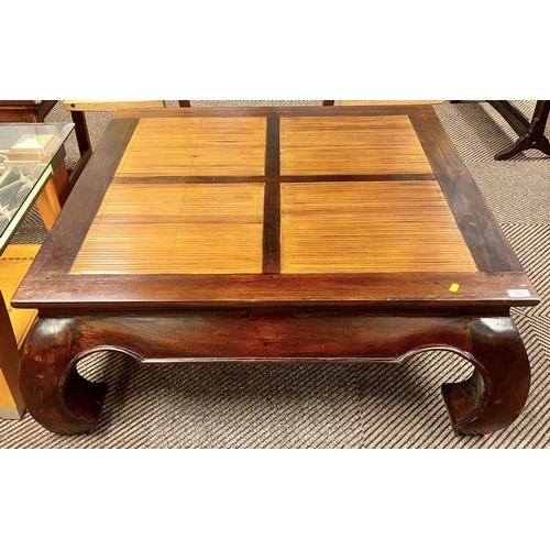 517 - Large square oriental style occasional table with bamboo top 100 x 101 x 41 cm