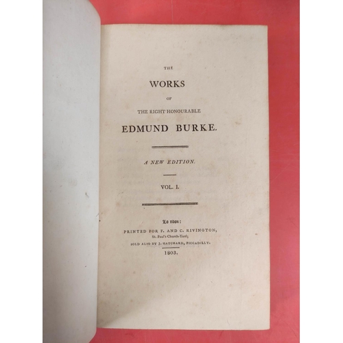 277 - BURKE EDMUND.  The Works. 8 vols. Large paper. Tree calf, neatly rebacked. Bookplate of Parker of Br... 