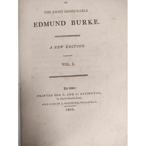 277 - BURKE EDMUND.  The Works. 8 vols. Large paper. Tree calf, neatly rebacked. Bookplate of Parker of Br... 