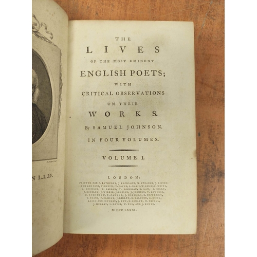 288 - JOHNSON SAMUEL.  The Lives of the Most Eminent English Poets. 4 vols. Eng. frontis. Calf, ... 