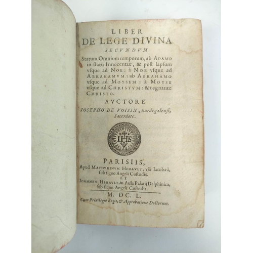 228 - DE VOISIN JOSEPH.  Liber de Lege Divina Circumdum. Rebacked calf, light stng. to early lea... 