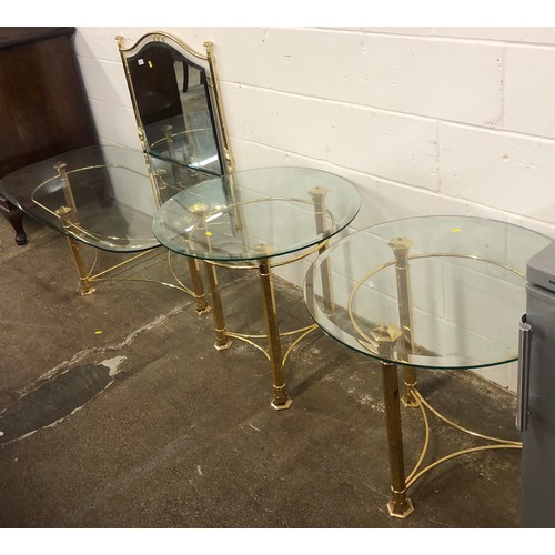 553 - Glass top coffee table with two glass topped side tables with matching wall mirror