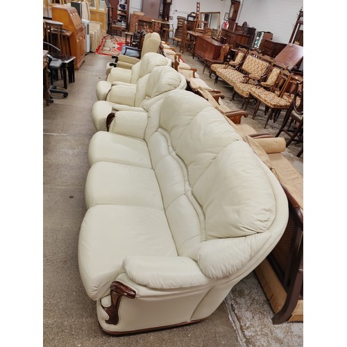 524 - Cream leather wood frame three piece suite