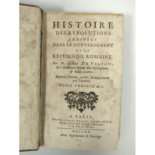 197 - DE VERTOT L'ABBÉ.  Histoire des Revolutions ... de la Republique Romaine. 3 vols. 12mo. Old calf. Bo... 