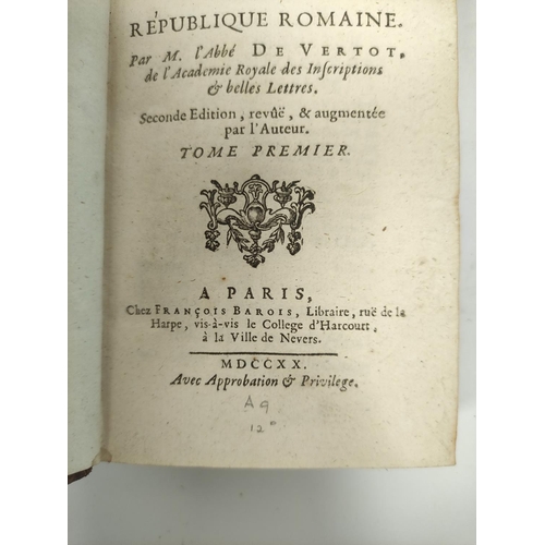 197 - DE VERTOT L'ABBÉ.  Histoire des Revolutions ... de la Republique Romaine. 3 vols. 12mo. Old calf. Bo... 