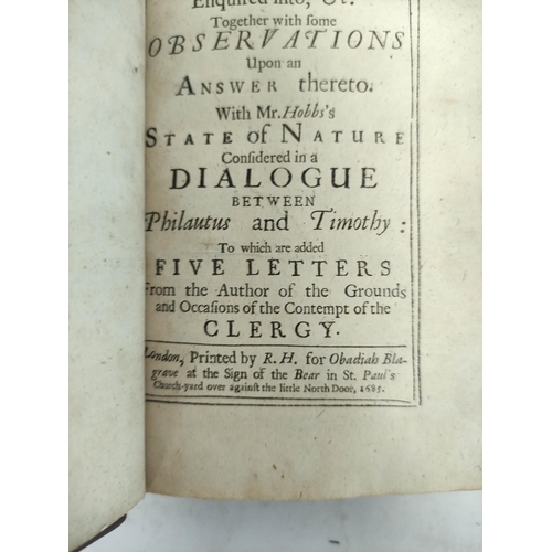 208 - (EACHARD JOHN) (HOBBES THOMAS). The Grounds and Occasions of the Contempt of the Clergy and Rel... 