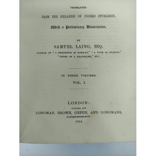 215 - LAING SAMUEL.  Chronicle of the Kings of Norway. 3 vols. Good half calf, gilt backs & ... 