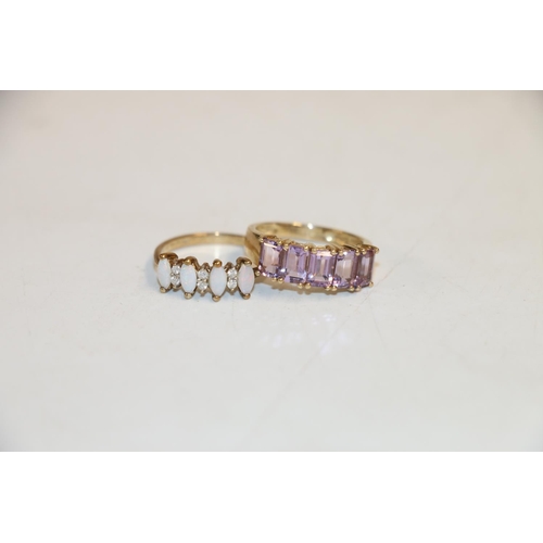 161 - 9k gold ring with 5 baguette cut amethysts, size P and another 9k ring with 4 opals separated by cle... 