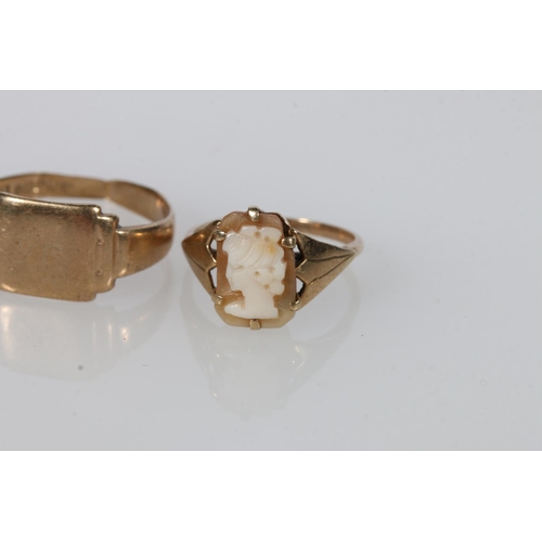 168 - 9k gold shell cameo ring by William John Pellow, Birmingham 1976, size J, signet style ring by Henry... 