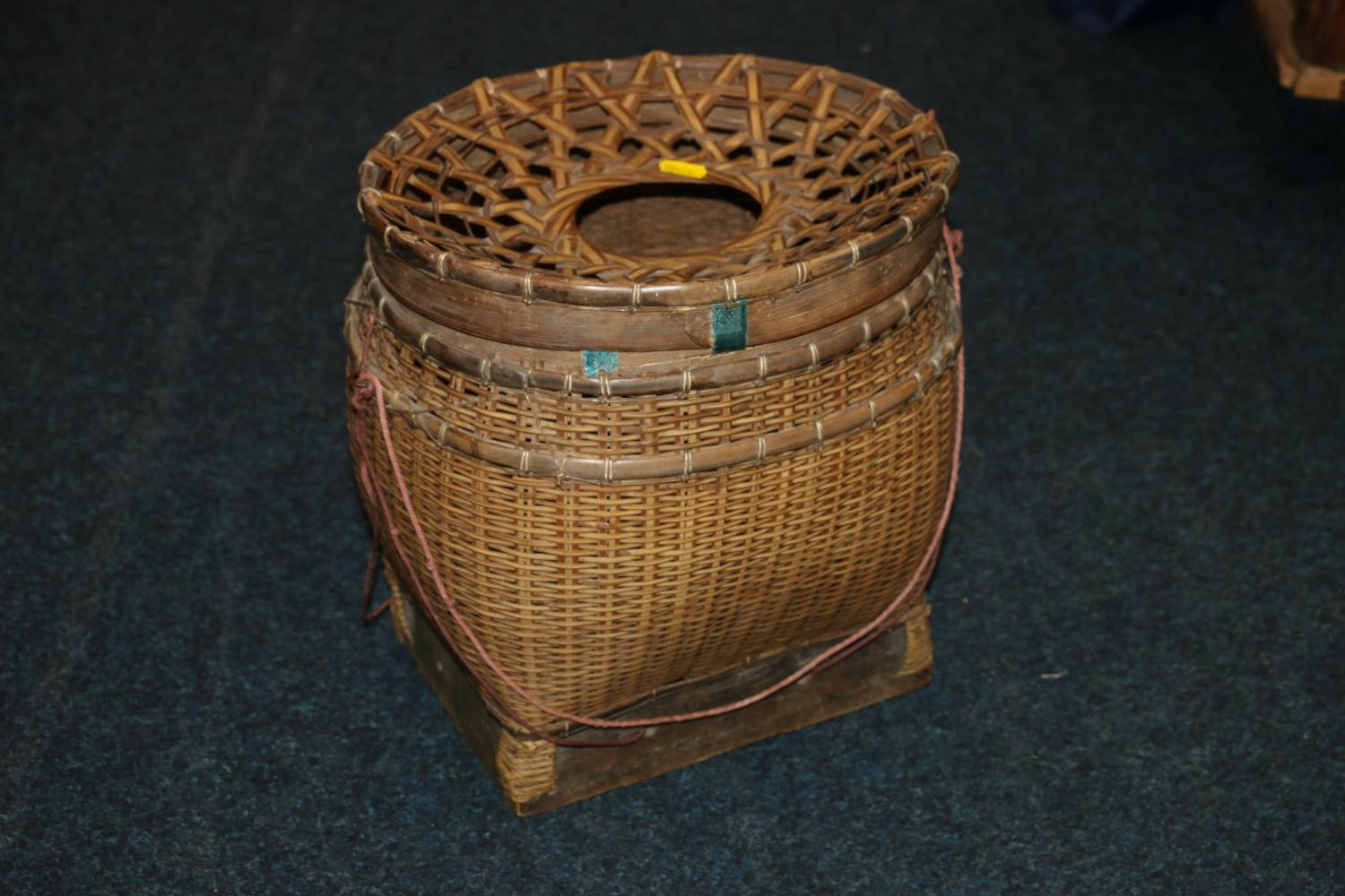 South East Asian straw and bamboo work fish basket, 33cm