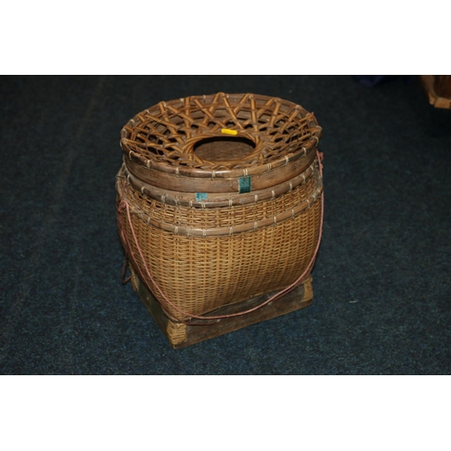 South East Asian straw and bamboo work fish basket, 33cm