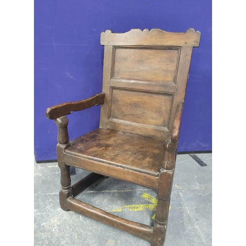 603 - 17th century and later oak wainscot chair, with panelled back rest, solid seat, united with turned s... 