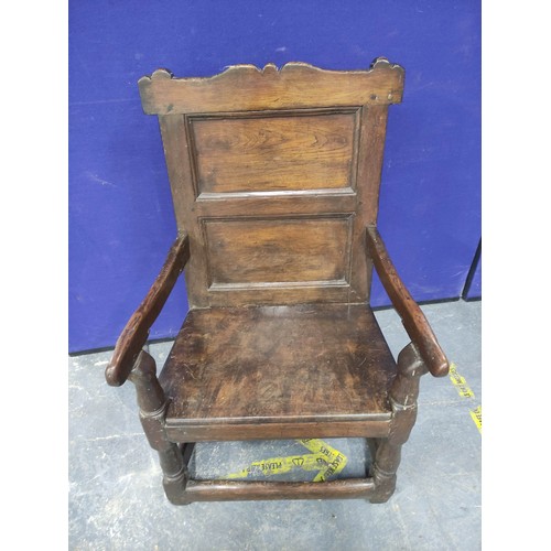 603 - 17th century and later oak wainscot chair, with panelled back rest, solid seat, united with turned s... 