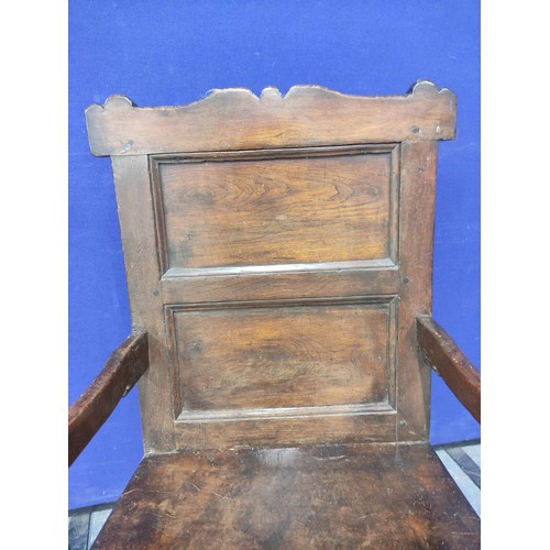 603 - 17th century and later oak wainscot chair, with panelled back rest, solid seat, united with turned s... 