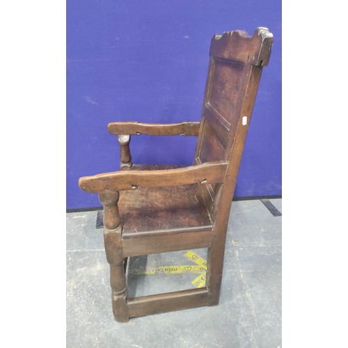 603 - 17th century and later oak wainscot chair, with panelled back rest, solid seat, united with turned s... 