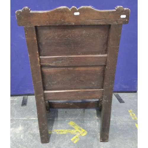 603 - 17th century and later oak wainscot chair, with panelled back rest, solid seat, united with turned s... 