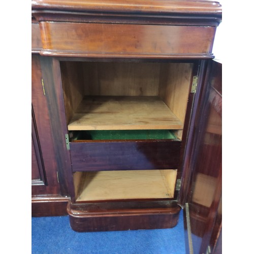 607 - Victorian mahogany reverse breakfront sideboard, foliate scroll raised back above frieze drawers and... 