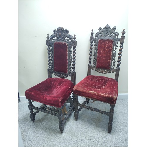 610 - Pair of late Victorian Jacobean style oak hall chairs, each with carved lion pediment, spiral twist ... 