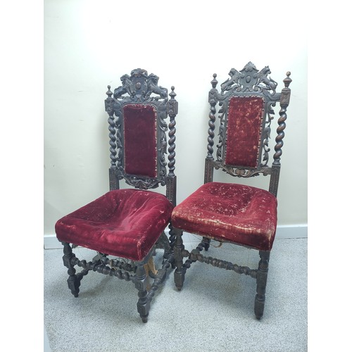 610 - Pair of late Victorian Jacobean style oak hall chairs, each with carved lion pediment, spiral twist ... 