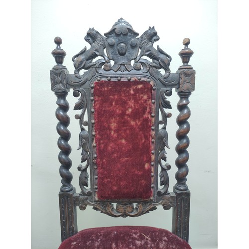 610 - Pair of late Victorian Jacobean style oak hall chairs, each with carved lion pediment, spiral twist ... 