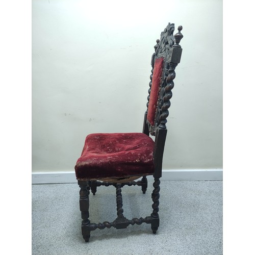 610 - Pair of late Victorian Jacobean style oak hall chairs, each with carved lion pediment, spiral twist ... 