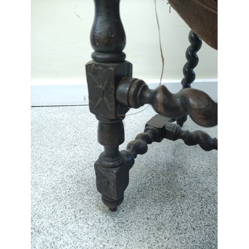 610 - Pair of late Victorian Jacobean style oak hall chairs, each with carved lion pediment, spiral twist ... 