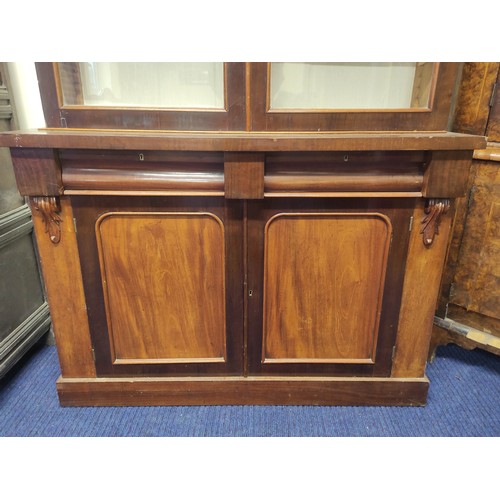 612 - Late 19th century mahogany and beech cabinet bookcase, the glazed upper section above lower section ... 