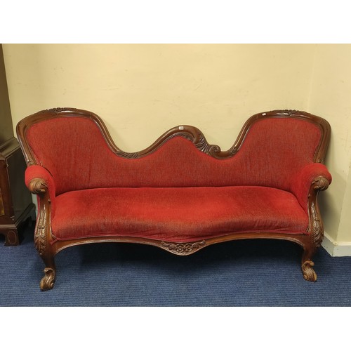 613 - 19th century mahogany framed double scroll back settee with serpentine front and carved scrolling sh... 