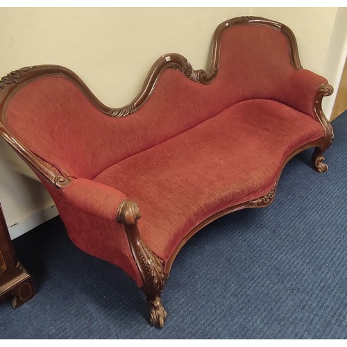 613 - 19th century mahogany framed double scroll back settee with serpentine front and carved scrolling sh... 