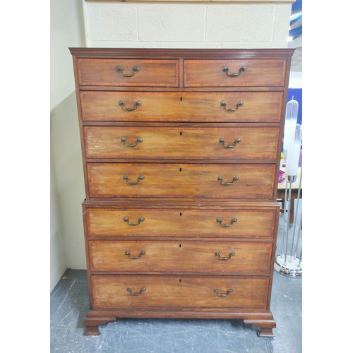 614 - Late 19th century crossbanded mahogany chest on chest, two short drawers above six graduated drawers... 