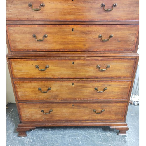 614 - Late 19th century crossbanded mahogany chest on chest, two short drawers above six graduated drawers... 