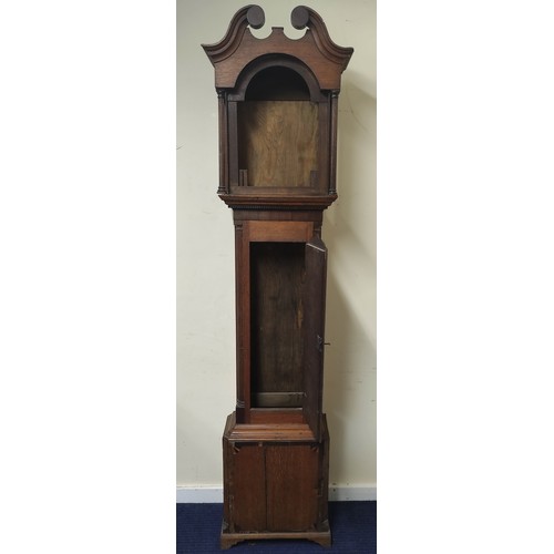 578 - Early 19th century oak case for a longcase clock, swan neck pediment and crossbanded door and base o... 