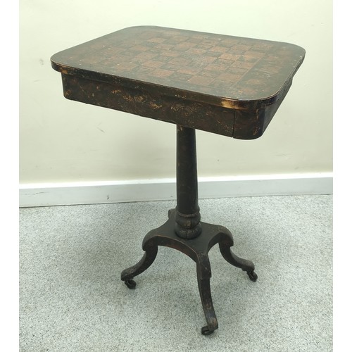 639 - 19th century painted lacquer games table with chess board top on turned tapering column and quatrefo... 