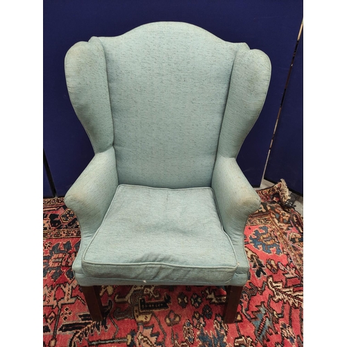 644 - Georgian tall-back wing armchair on square chamfered mahogany supports with understretchers, 73cm wi... 