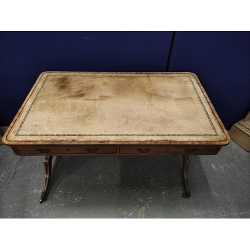 648 - Faded mahogany Regency writing table, ebonised stringing, the rectangular top with curved corners an... 