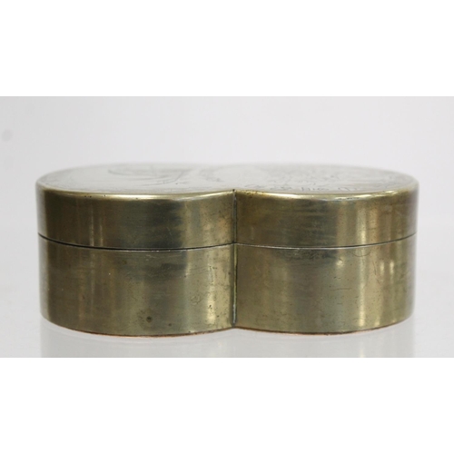 260 - Chinese 19th or early 20th century paktong and copper scholar's ink box of overlapping double circle... 