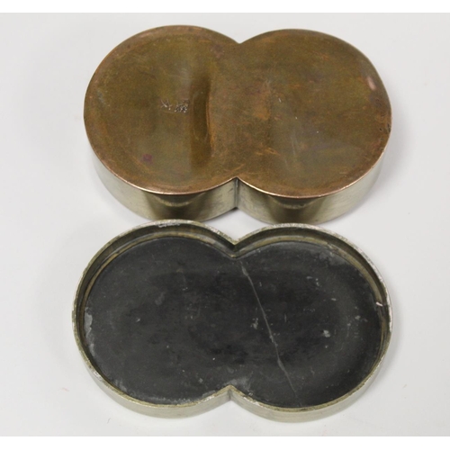 260 - Chinese 19th or early 20th century paktong and copper scholar's ink box of overlapping double circle... 