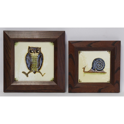 261 - Two art pottery tiles by Kenji Funaki (Japanese B.1927) depicting an owl on a branch and a snail in ... 