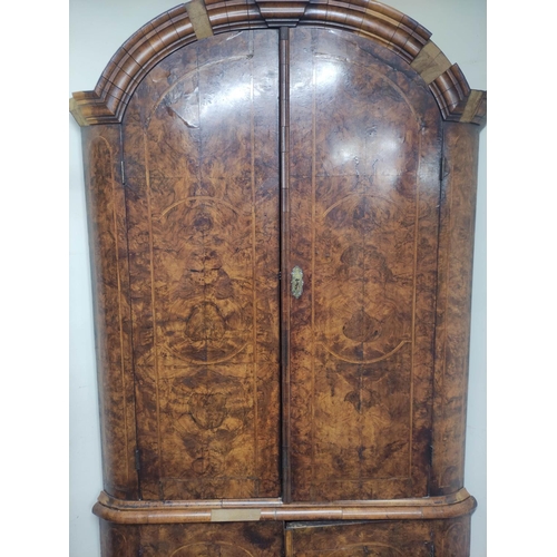 652 - 18th century North European figured walnut dome top standing corner cupboard, the moulded pediment a... 