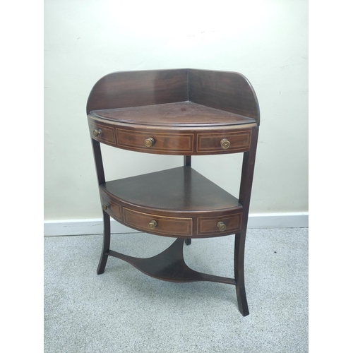 653 - Late 19th century mahogany corner wash stand with inlaid stringing, ledge back, false and true drawe... 