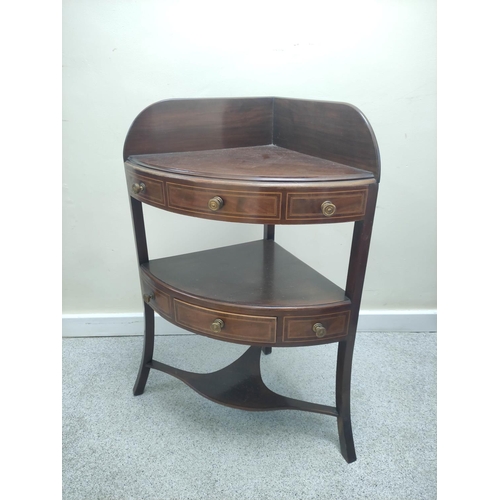 653 - Late 19th century mahogany corner wash stand with inlaid stringing, ledge back, false and true drawe... 